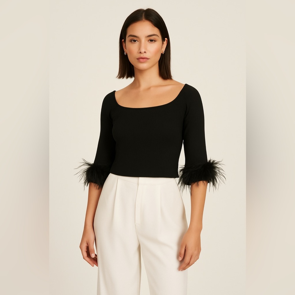 Le Lis Feather-Cuff Knit Top Size S NWOT